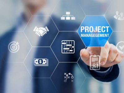 Project management with icons about planning tasks and milestones on schedule, cost management, monitoring of progress, resource, risk, deliverables and contract, business concept